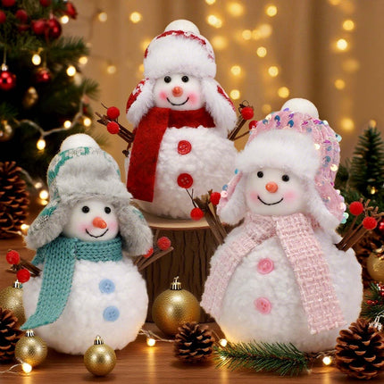 3 Christmas Snowmen Plush Decorations Farmhouse Style Tiered Tray Tree Décor for Christmas