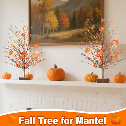 2-Pack 15" Orange Artificial Fall Trees with Pumpkins & Berries – Thanksgiving Décor
