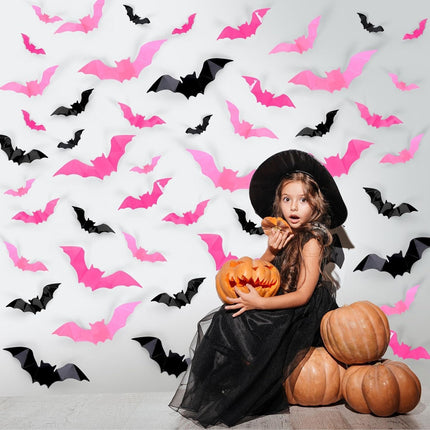 72-Piece Pink & Black 3D Bat Wall Decals, PVC Waterproof Removable Halloween Decor