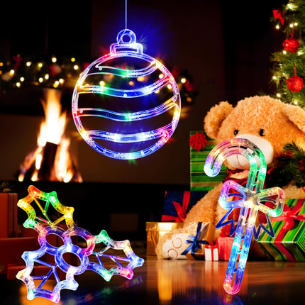 3-Pack Multicolor Christmas Window Lights LED Balls, Holly Berry & Candy Cane with Suction Cups