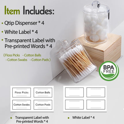 4-Pack Clear Acrylic Qtip Holder Dispensers, Cotton Swab Ball Floss Storage Jars