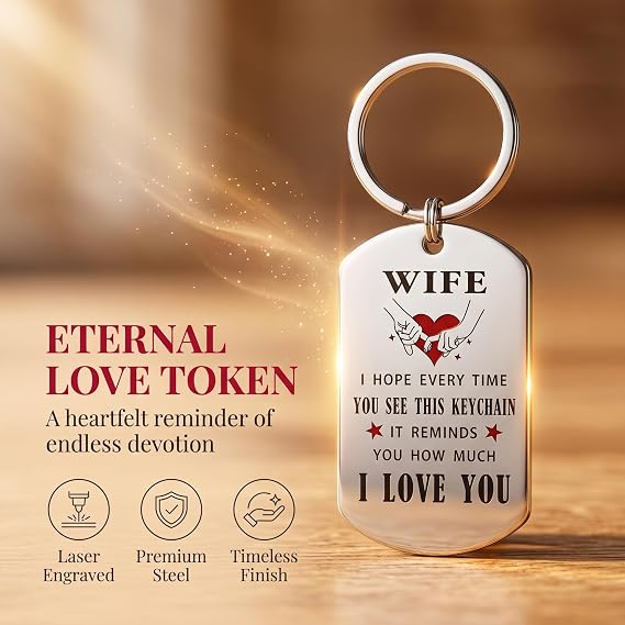 Wife Gift from Husband, Engraved Stainless Steel Love Keychain for Anniversary Birthday
