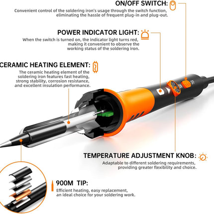 60W Adjustable Soldering Iron Kit – 9-in-1 with 5 Tips & Solder Stand