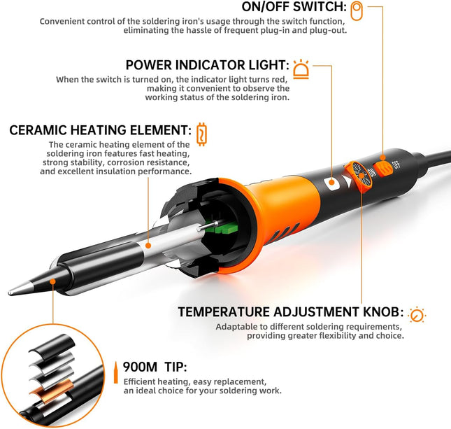 60W Adjustable Soldering Iron Kit – 9-in-1 with 5 Tips & Solder Stand