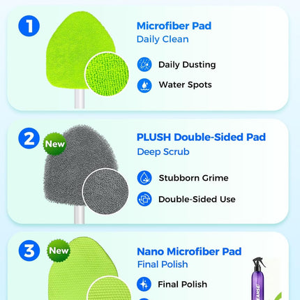 Windshield Cleaning Tool with Handle, Microfiber Pads for Car & Home Glass