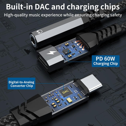 USB-C to 3.5mm Headphone & Charger Adapter – 2-in-1 PD 60W for iPhone & Samsung