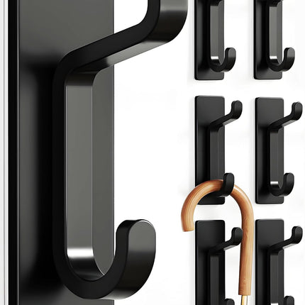 6-Pack Black Wall Hooks – 13LB Adhesive Hangers for Bathroom & Bedroom