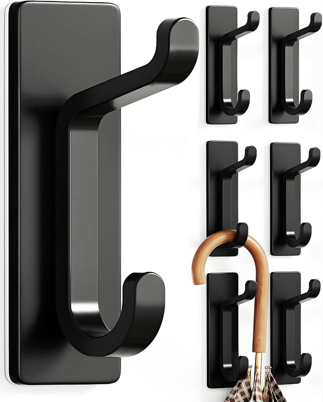 6-Pack Black Wall Hooks – 13LB Adhesive Hangers for Bathroom & Bedroom