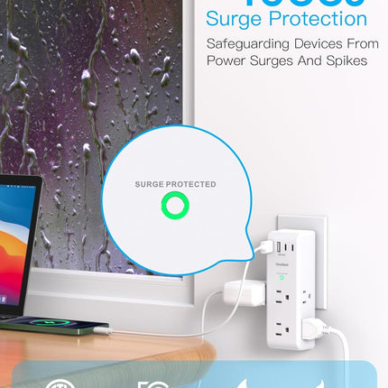 Surge Protector Outlet Extender – 6 AC Outlets, 4 USB (2 USB-C), Rotating Plug