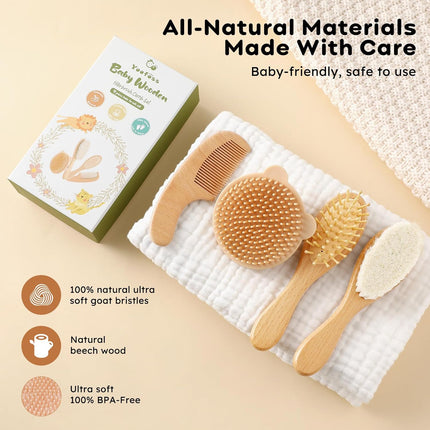 4-Piece Baby Brush & Comb Set – Wooden Soft Goat Hair Brushes for Newborns