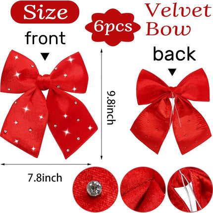 Red Velvet Christmas Bows – 6PCS Small Ribbon Wreath Bows for Home & Front Door Decorations