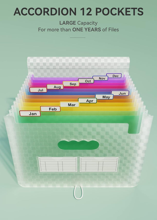 Expanding File Folder 12 Pockets Portable Document Organizer with Colored Tabs
