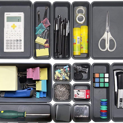 15 Pack Interlocking Drawer Organizers, Black Trays for Home & Office