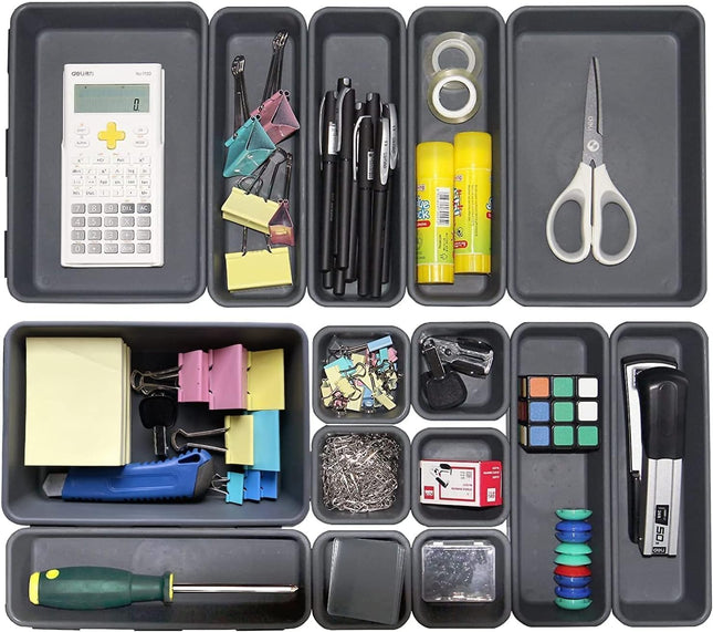15 Pack Interlocking Drawer Organizers, Black Trays for Home & Office