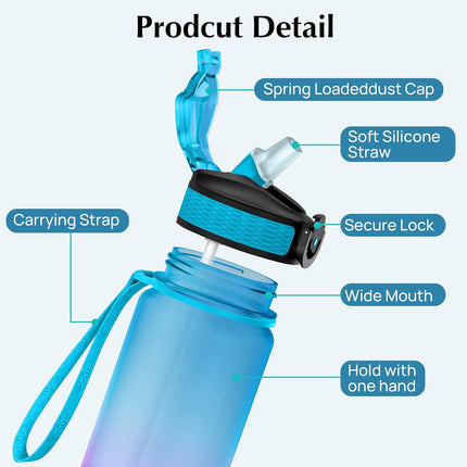 32 oz Water Bottle Time Marker Tritan BPA Free Leakproof Carry Strap