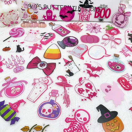 50-Piece Pink Halloween Stickers, Kawaii Ghost Pumpkin Cat Witch Vinyl Decals