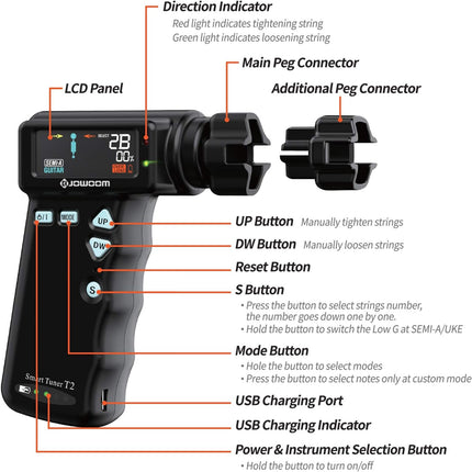 T2 Smart Automatic Tuner – Guitar & Ukulele, 180RPM String Winder, USB Rechargeable