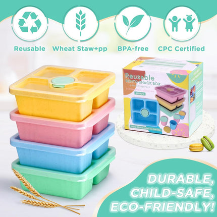 4 Pack Bento Snack Box Divided Food Storage Containers with Lids Pastel