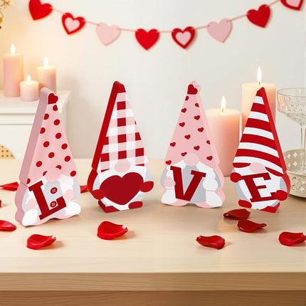 Valentine’s Day Wooden Gnome Sign Set: 4 Pcs Red & Pink Tiered Tray Decor
