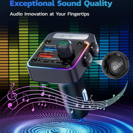54W Car Adapter with FM Radio Transmitter, Fast Charging & Deep Bass