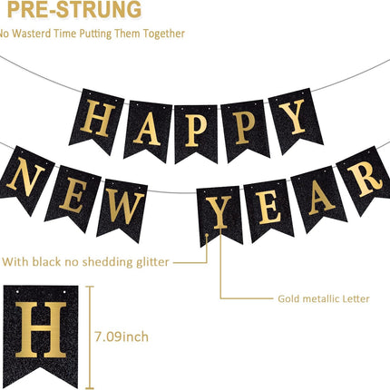 Happy New Year 2026 Banner – Black Glitter Pre-Strung Party Supplies