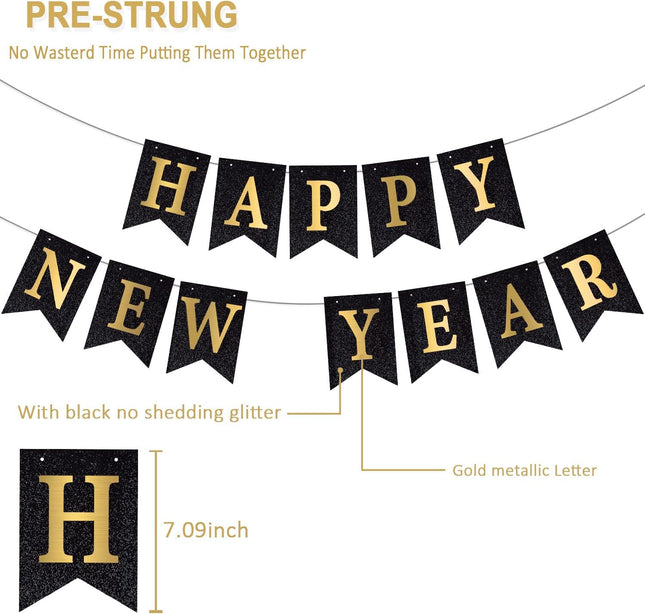 Happy New Year 2026 Banner – Black Glitter Pre-Strung Party Supplies