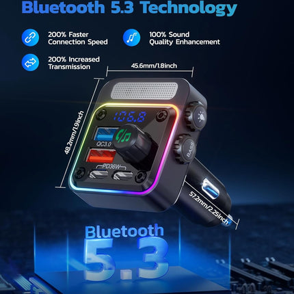 54W Car Adapter with FM Radio Transmitter, Fast Charging & Deep Bass