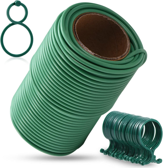 80ft Green Plant Twist Ties with 20 Clips – Soft, Durable for Gardening & Organization