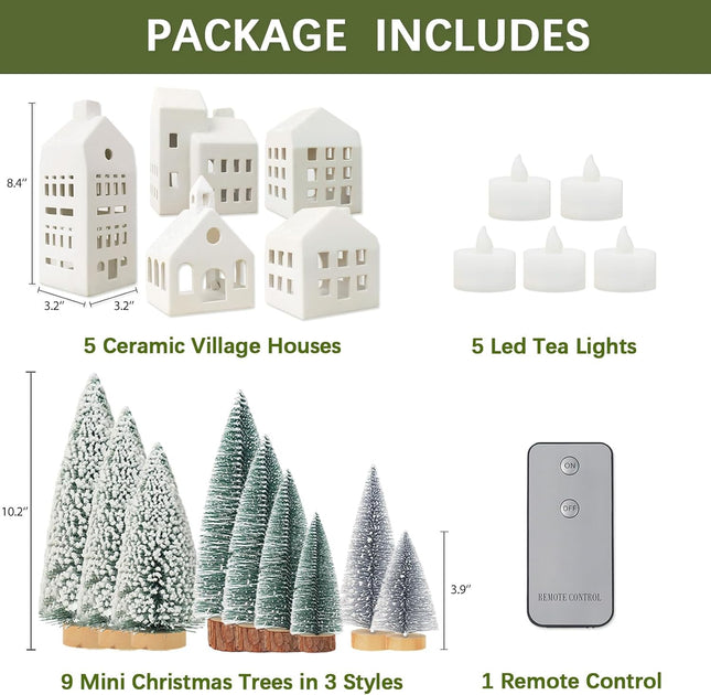 Christmas Village Set 5 Lighted Ceramic Houses & 9 Trees with Remote Control