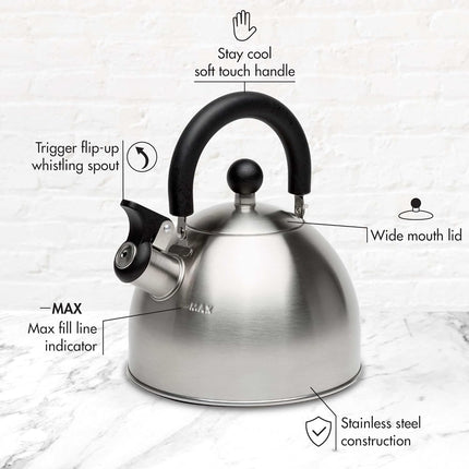 Stewart Whistling Tea Kettle 1.5QT – Stainless Steel, Fast Boil, Cool Handle
