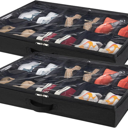 Under-Bed Shoe Organizer – Set of 2, Foldable Fabric Storage Box, Black