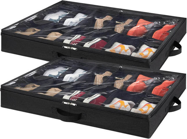 Under-Bed Shoe Organizer – Set of 2, Foldable Fabric Storage Box, Black