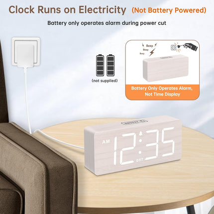 Wooden Digital Alarm Clock – Large Numbers, Loud Alarm, Dimmer, Volume Control