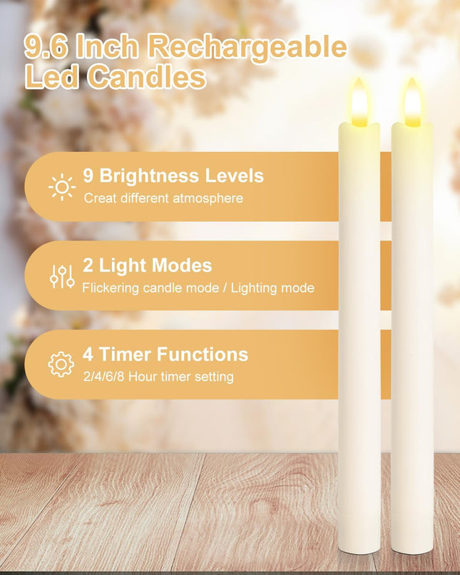 6pcs Rechargeable Flameless Taper Candles Real Wax LED with Remote & Timer