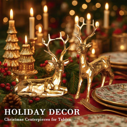 5Pcs Gold Reindeer & Christmas Tree Statue Set – Tabletop Holiday Decor (Gold/Silver)