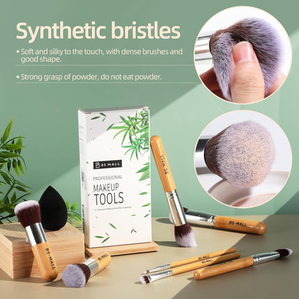 11 Piece Makeup Brush Set Bamboo Brushes & Sponge Foundation Blending