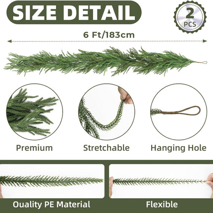 2Pcs 6FT Norfolk Pine Garland – Real Touch Xmas Greenery for Holiday Decor