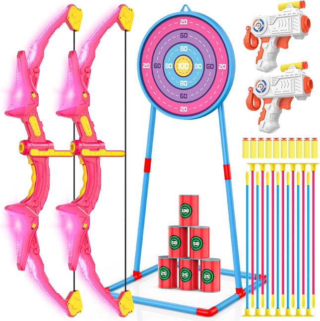 2 Pack Kids Bow and Arrow Set – Pink Light-Up Archery Toy with Foam Dart Blasters & Targets