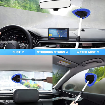 Extendable Car Windshield Cleaning Tool 180° Rotating Head Microfiber Pads Blue