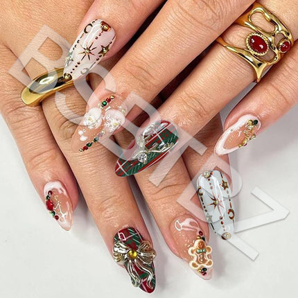 24PCS Christmas Fake Nails – Luxury Handmade Press-On Nails with 3D Bow, Elk & Rhinestone Charms