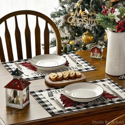 Buffalo Plaid Christmas Trees Placemats 12x18 – Set of 4 Winter Table Decor