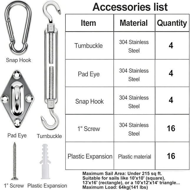 44PCS Shade Sail Hardware Kit – Stainless Steel Turnbuckles & Brackets for Sails