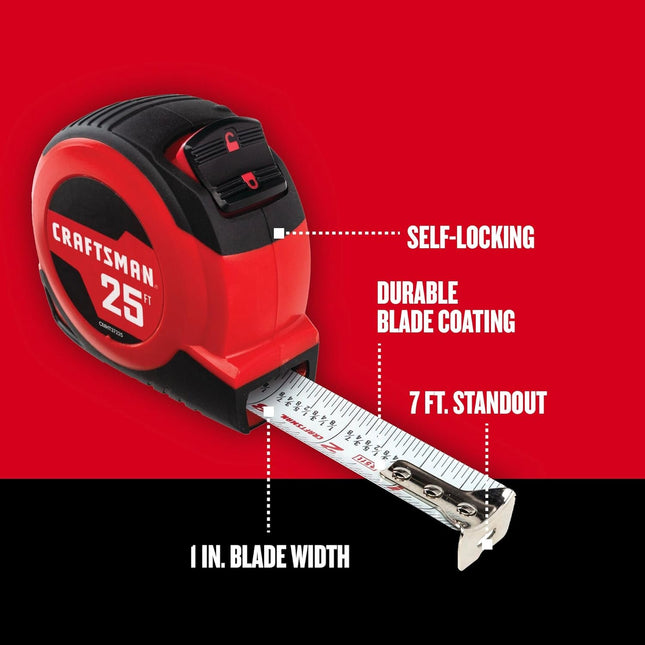 25-Ft Tape Measure – Fraction Markings, Retractable & Self-Locking Blade (CMHT37225)