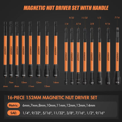 16-Pcs Long Magnetic Nut Driver Set – SAE & Metric, 6" Hex Shank, Cr-V Steel