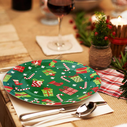 24PCS Xmas Paper Plates – Round 9" Snowflake & Gift Box Print Party Plates