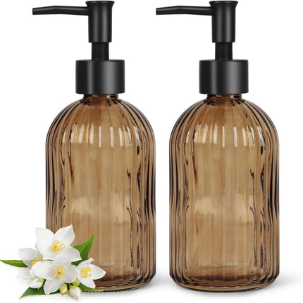 2-Pack Amber Glass Soap Dispenser Set 400ml Black Pump for Kitchen Bathroom Lotion