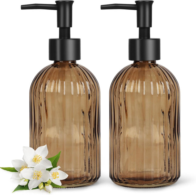 2-Pack Amber Glass Soap Dispenser Set 400ml Black Pump for Kitchen Bathroom Lotion