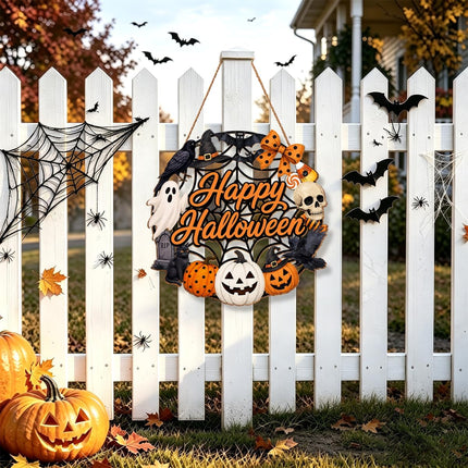 12x12in Halloween Wooden Wreath, Ghost Pumpkin Black Cat Happy Halloween Door Decor
