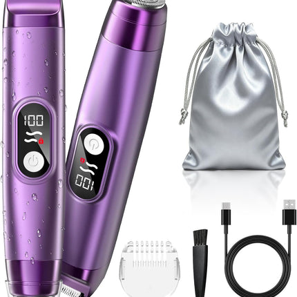 2-in-1 Bikini Trimmer for Women, IPX7 Waterproof Electric Razor, Rechargeable Body Shaver