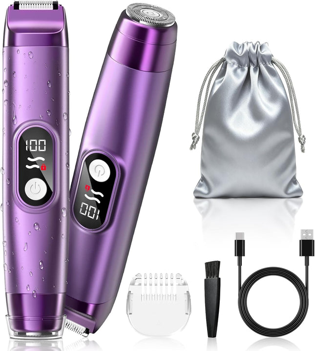 2-in-1 Bikini Trimmer for Women, IPX7 Waterproof Electric Razor, Rechargeable Body Shaver